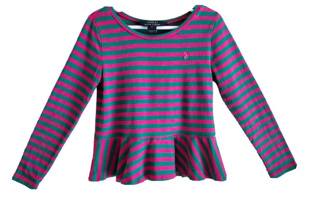 POLO RALPH LAUREN Girl's 6 Peplum Top Striped Green Pink Pony Logo Chest 24"